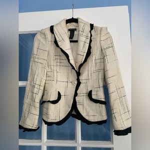 Kenneth Cole White and Black Tweed Ruffle Blazer